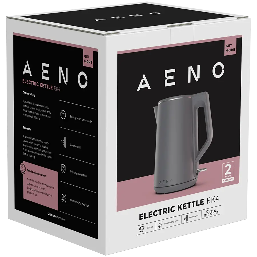 AENO Ηλεκτρικός βραστήρας EK4: 1850-2200W, 1.5L, Strix, Διπλά τοιχώματα, Σώμα που δεν θερμαίνεται, Αυτόματη απενεργοποίηση, Προστασία από λειτουργία - image 5