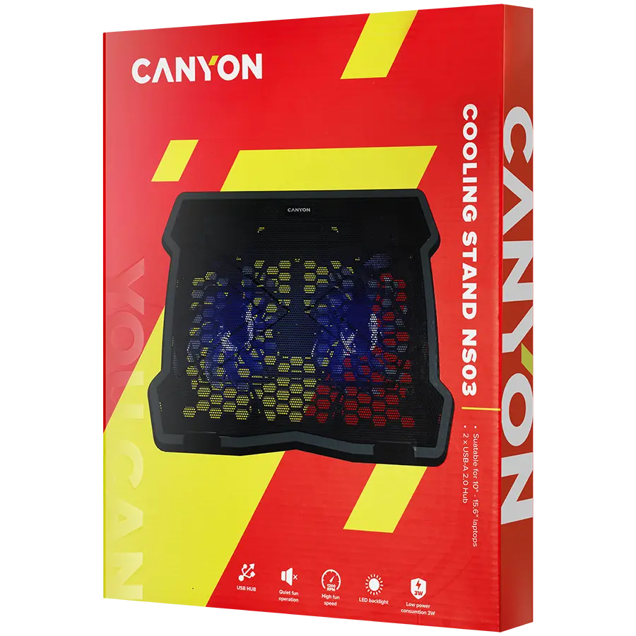 CANYON NS03, Cooling stand dual-fan with 2x2.0 USB hub, support up to 10”-15.6” laptop, ABS plastic and iron, Fans dimension:125*125*15mm(2pcs), DC 5V, fan speed: 800-1000RPM, size:340*265*30mm, 435g - image 3