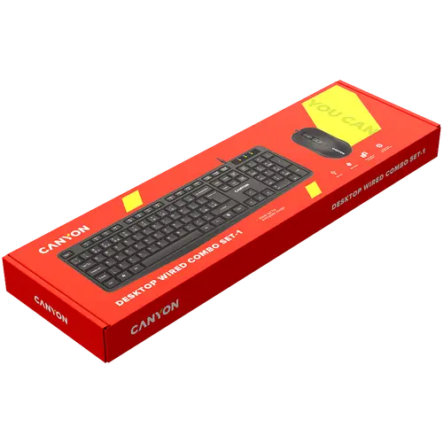 CANYON tastatură USB standard, rezistentă la apă, layout BG, set cu mouse optic 3D cu fir 1000DPI negru - 3
