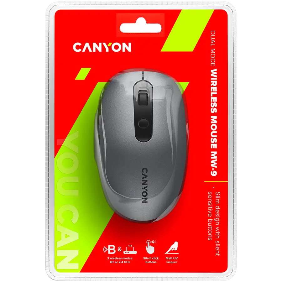 CANYON MW-9, 2 in 1 Wireless optical mouse with 6 buttons, DPI 800/1000/1200/1500, 2 mode(BT/ 2.4GHz), Battery AA*1pcs, Grey, 65.4*112.25*32.3mm, 0.092kg - image 4