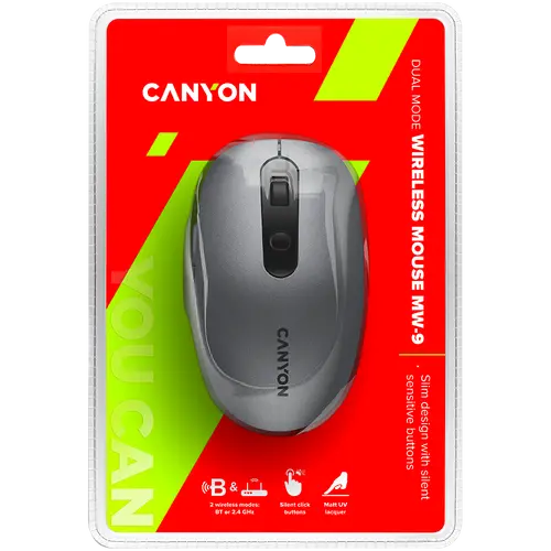 CANYON MW-9, 2 in 1 Wireless optical mouse with 6 buttons, DPI 800/1000/1200/1500, 2 mode(BT/ 2.4GHz), Battery AA*1pcs, Grey, 65.4*112.25*32.3mm, 0.092kg - image 4