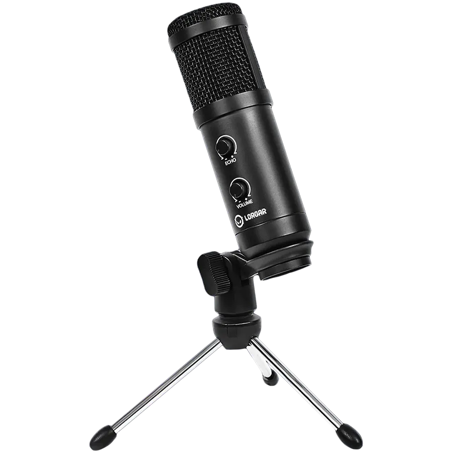 LORGAR Soner 313, Gaming Microphone, USB condenser microphone with Volume Knob & Echo Knob, Frequency Response: 80 Hz—17 kHz, including 1x Microphone, 1 x 2.5M USB Cable, 1 x Tripod Stand, dimensions: Ø47.4*158.2*48.1mm, weight: 243.0g, Black