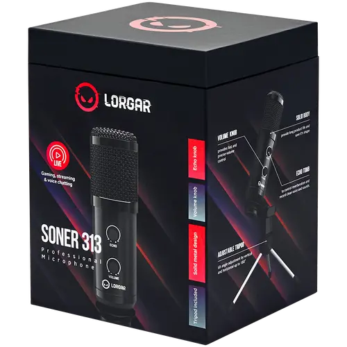 LORGAR Soner 313, Gaming Microphones, Black, USB condenser microphone with Volume Knob & Echo Kob, including 1x Microphone, 1 x 2.5M USB Cable, 1 x Tripod Stand, 1 x User Manual, body size: Φ47.4*158.2*48.1mm, weight: 243.0g - image 7