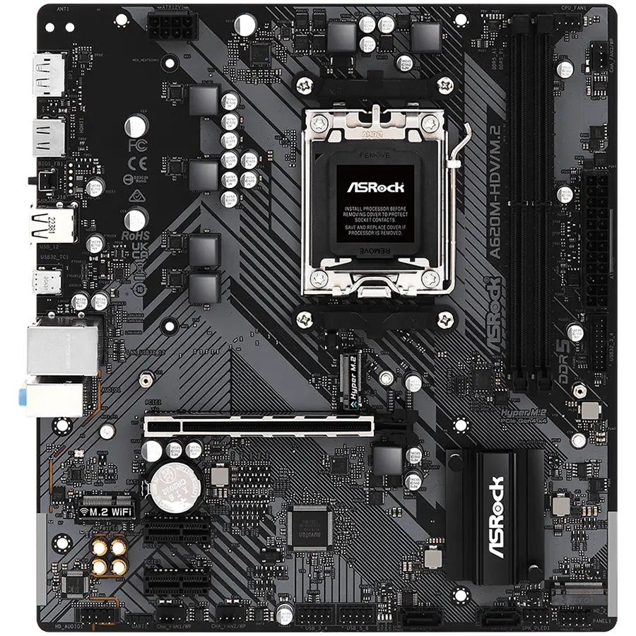 ASROCK MB Desktop A620M-HDV/M2, AM5, 2x DDR5, 1x PCIe 4.0 x16, 2x PCIe 3.0 x1, 1x Hyper M.2(PCIe Gen4x4), 2x SATA3 6.0 Gb/s, 1x HDMI, 1x DisplayPort, 1x Gbit LAN, 5x USB 3.2, 6x USB 2.0, 1x USB-C, Micro ATX - image 1