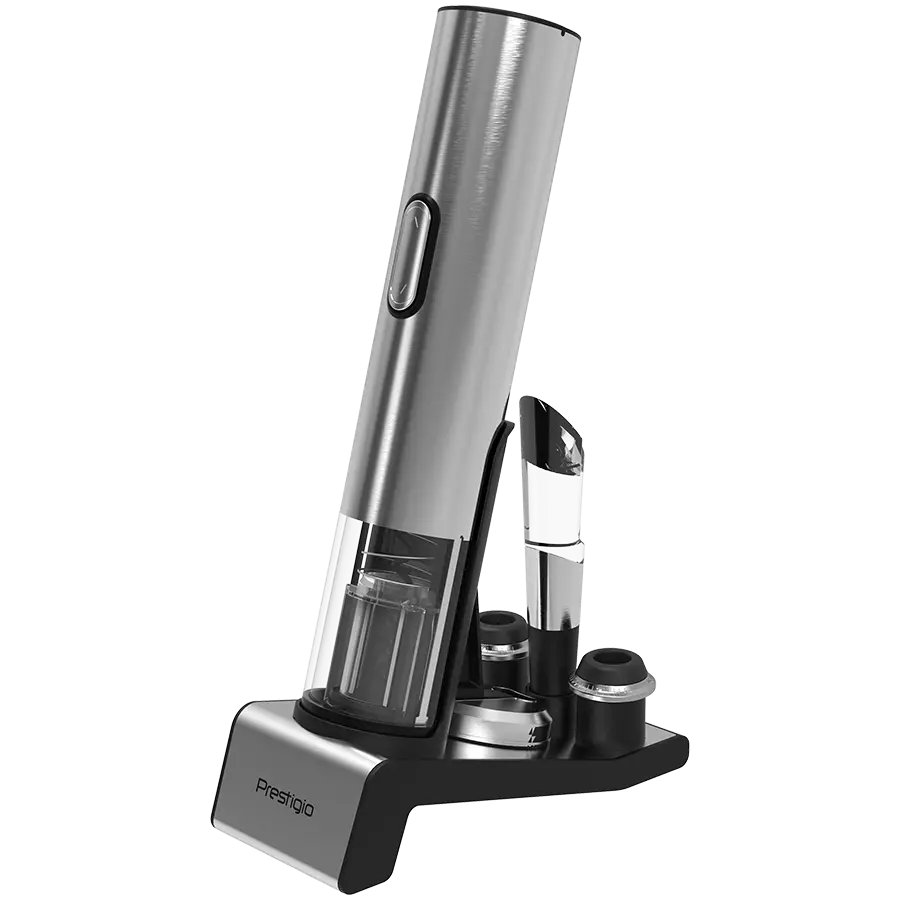 Prestigio Garda, smart wine opener, simple operation with 2 buttons, aerator, vacuum stopper preserver, foil cutter, opens up to 50 bottles wihout recharging, premium design, 500mAh battery, Dimensions D 17mm* H 290mm* W100 mm, silver color.
