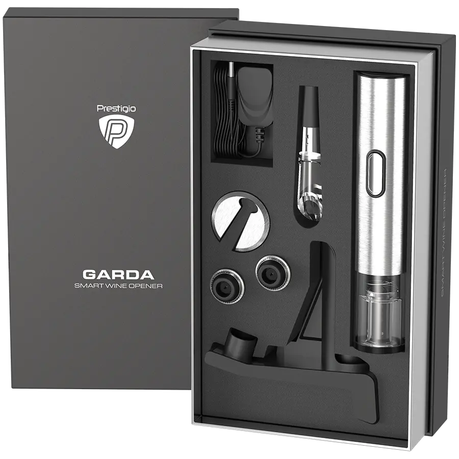 Prestigio Garda, smart wine opener, simple operation with 2 buttons, aerator, vacuum stopper preserver, foil cutter, opens up to 50 bottles wihout recharging, premium design, 500mAh battery, Dimensions D 17mm* H 290mm* W100 mm, silver color. - image 14