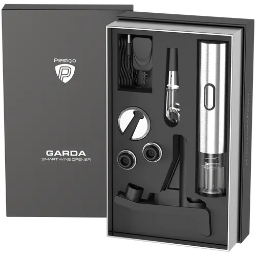 Prestigio Garda, desfăcător de vin inteligent, utilizare simplă cu 2 butoane, aerator, dop de vid pentru conservare, tăietor de folie, deschide până - 15