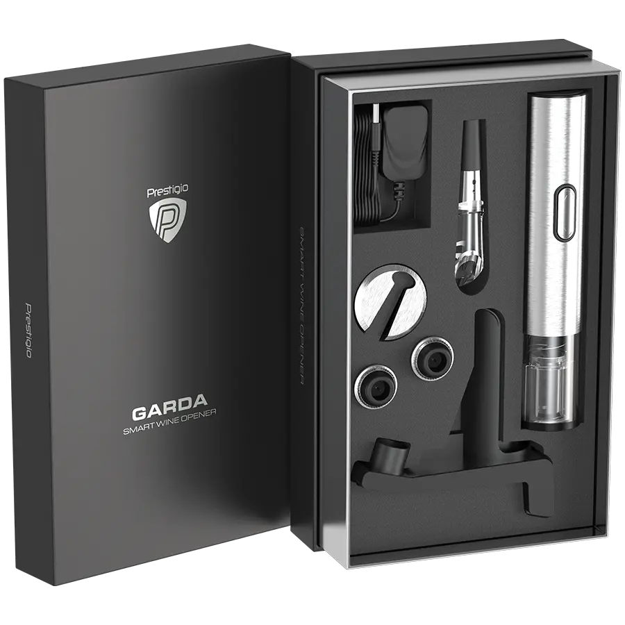 Prestigio Garda, smart wine opener, simple operation with 2 buttons, aerator, vacuum stopper preserver, foil cutter, opens up to 50 bottles wihout recharging, premium design, 500mAh battery, Dimensions D 17mm* H 290mm* W100 mm, silver color. - image 15