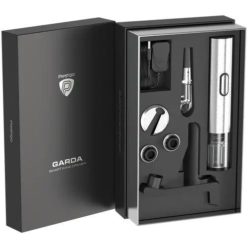 Prestigio Garda, smart wine opener, simple operation with 2 buttons, aerator, vacuum stopper preserver, foil cutter, opens up to 50 bottles wihout recharging, premium design, 500mAh battery, Dimensions D 17mm* H 290mm* W100 mm, silver color. - image 15