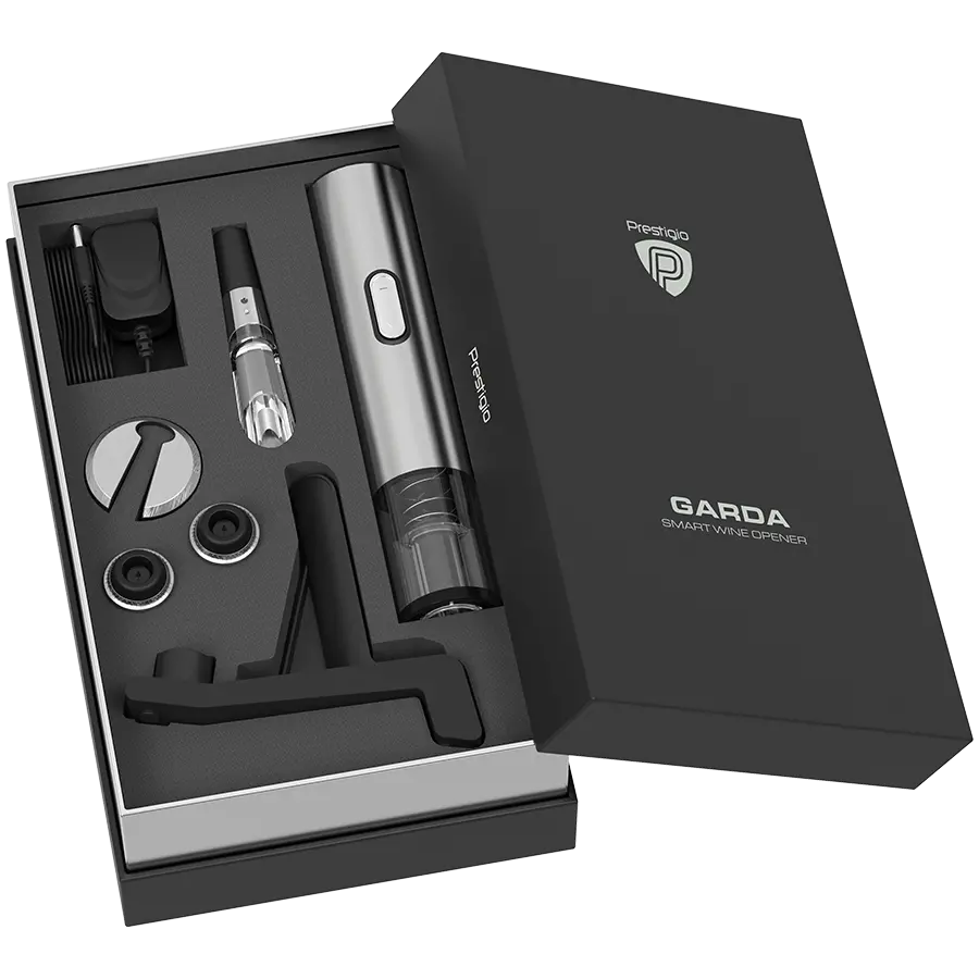 Prestigio Garda, smart wine opener, simple operation with 2 buttons, aerator, vacuum stopper preserver, foil cutter, opens up to 50 bottles wihout recharging, premium design, 500mAh battery, Dimensions D 17mm* H 290mm* W100 mm, silver color. - image 16