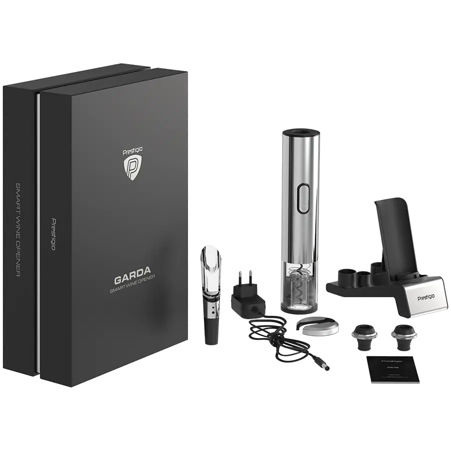 Prestigio Garda, smart wine opener, simple operation with 2 buttons, aerator, vacuum stopper preserver, foil cutter, opens up to 50 bottles wihout recharging, premium design, 500mAh battery, Dimensions D 17mm* H 290mm* W100 mm, silver color. - image 17