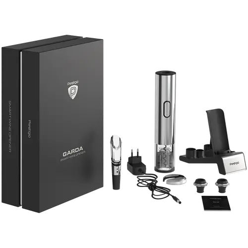 Prestigio Garda, desfăcător de vin inteligent, utilizare simplă cu 2 butoane, aerator, dop de vid pentru conservare, tăietor de folie, deschide până - 18