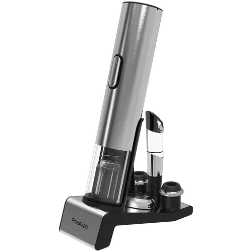 Prestigio Garda, smart wine opener, simple operation with 2 buttons, aerator, vacuum stopper preserver, foil cutter, opens up to 50 bottles wihout recharging, premium design, 500mAh battery, Dimensions D 17mm* H 290mm* W100 mm, silver color.