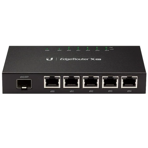 Ubiquiti EdgeRouter X SFP, powerful router with 5 Gigabit RJ45 ports with passive PoE support and 1 x SFP port, 50W total PoE Power, CPU Dual-Core 880 MHz MIPS1004Kc, 256 MB DDR3 RAM, 256 MB NAND, Wall mount