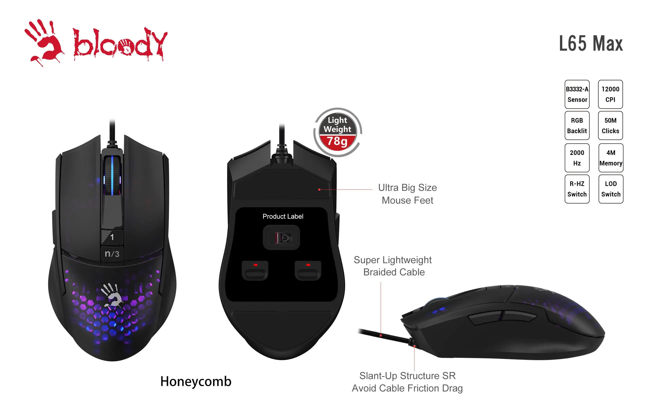 Геймърска мишка A4tech bloody L65 Max, Жична, 12000 cpi, Honeycomb,Черна - image 3