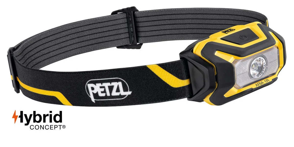 Челник PETZL ARIA 1R, 450 Лумена, Акумулаторна Батерия, Черно/Жълто
