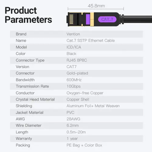 Vention Кабел LAN SSTP Cat.7 Patch Cable - 3M Black 10Gbps - ICDBI - image 8