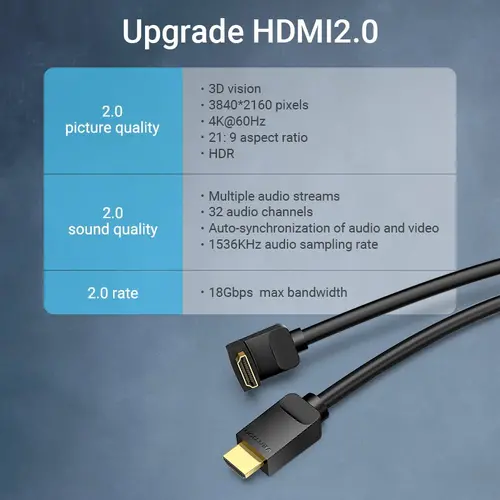 Vention Cablu HDMI unghi drept 270 de grade v2.0 M / M 4K/60Hz placat cu aur - 1.5M negru - AAQBG - 5