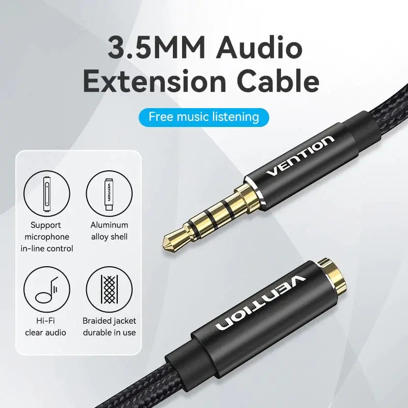 Vention Аудио Кабел Cotton Braided TRRS 3.5mm Male to 3.5mm F - 1.5m - Gold plated, Aluminum alloy - BHCBG - image 1