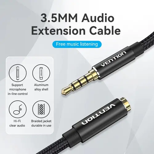 Vention Аудио Кабел Cotton Braided TRRS 3.5mm Male to 3.5mm F - 1.5m - Gold plated, Aluminum alloy - BHCBG - image 1