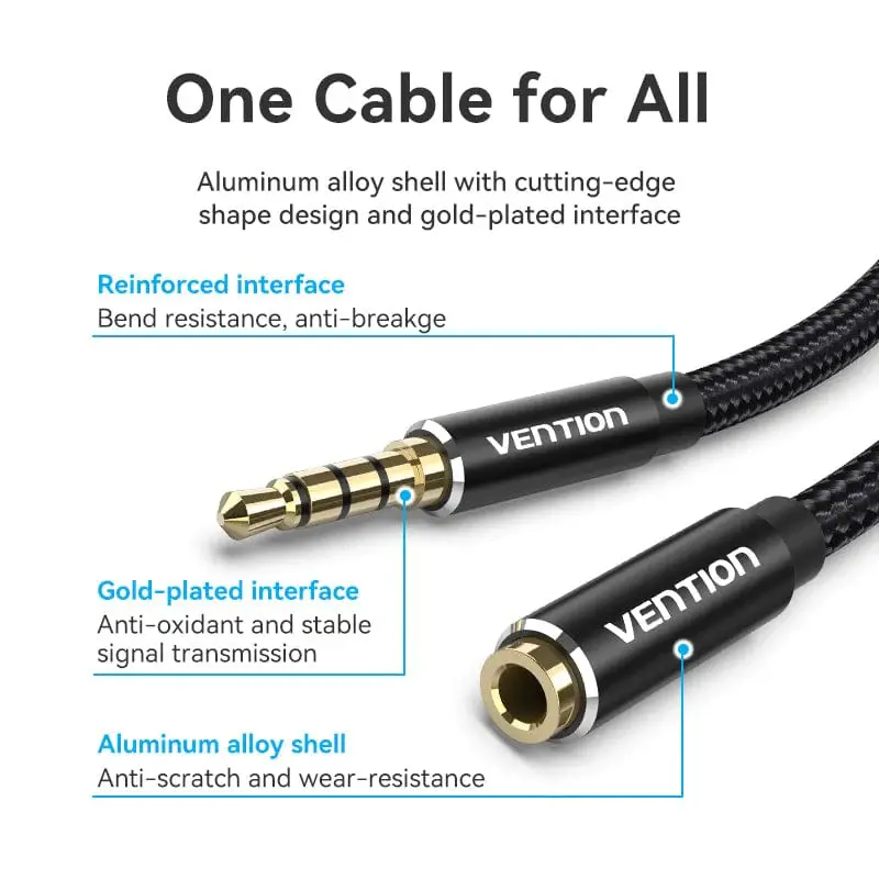 Vention Аудио Кабел Cotton Braided TRRS 3.5mm Male to 3.5mm F - 1.5m - Gold plated, Aluminum alloy - BHCBG - image 5