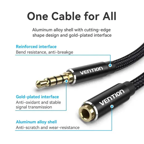 Vention Аудио Кабел Cotton Braided TRRS 3.5mm Male to 3.5mm F - 1.5m - Gold plated, Aluminum alloy - BHCBG - image 5