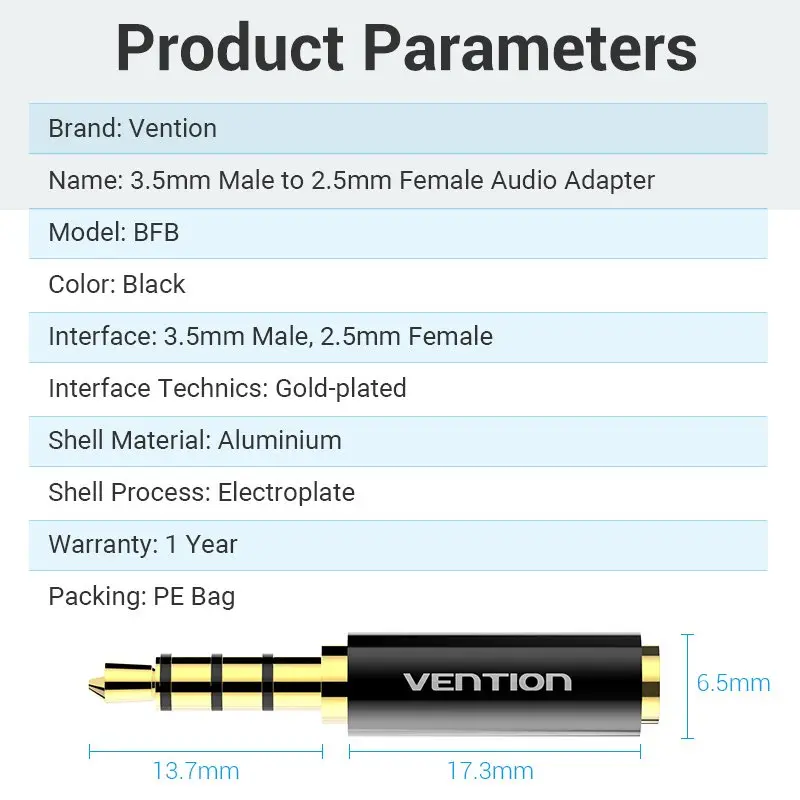 Vention адаптер Adapter Audio 3.5mm M / 2.5mm F Black Metal - BFBB0 - image 10