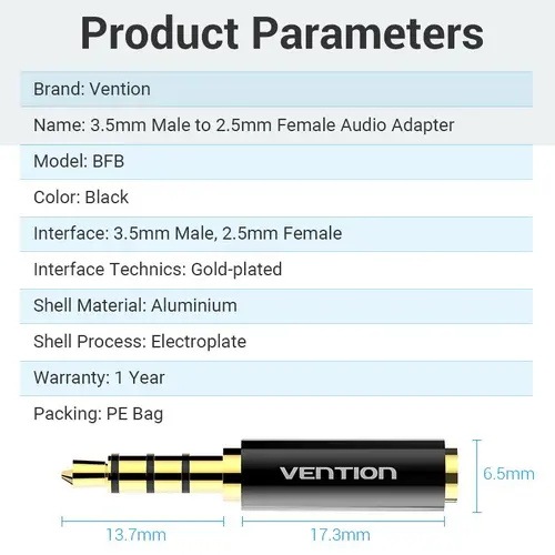 Vention адаптер Adapter Audio 3.5mm M / 2.5mm F Black Metal - BFBB0 - image 10