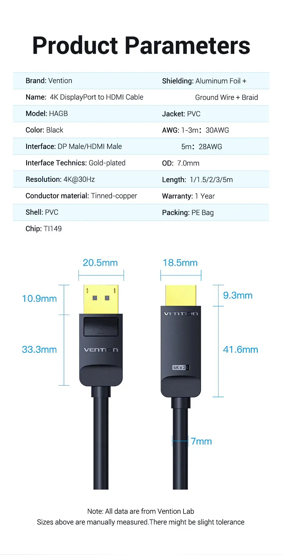 Vention кабел Cable DisplayPort to HDMI 3.0m - 4K, Gold Plated - HAGBI - image 13