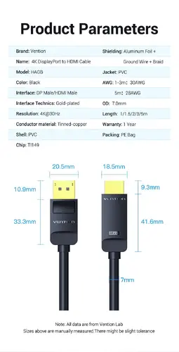 Vention кабел Cable DisplayPort to HDMI 3.0m - 4K, Gold Plated - HAGBI - image 13