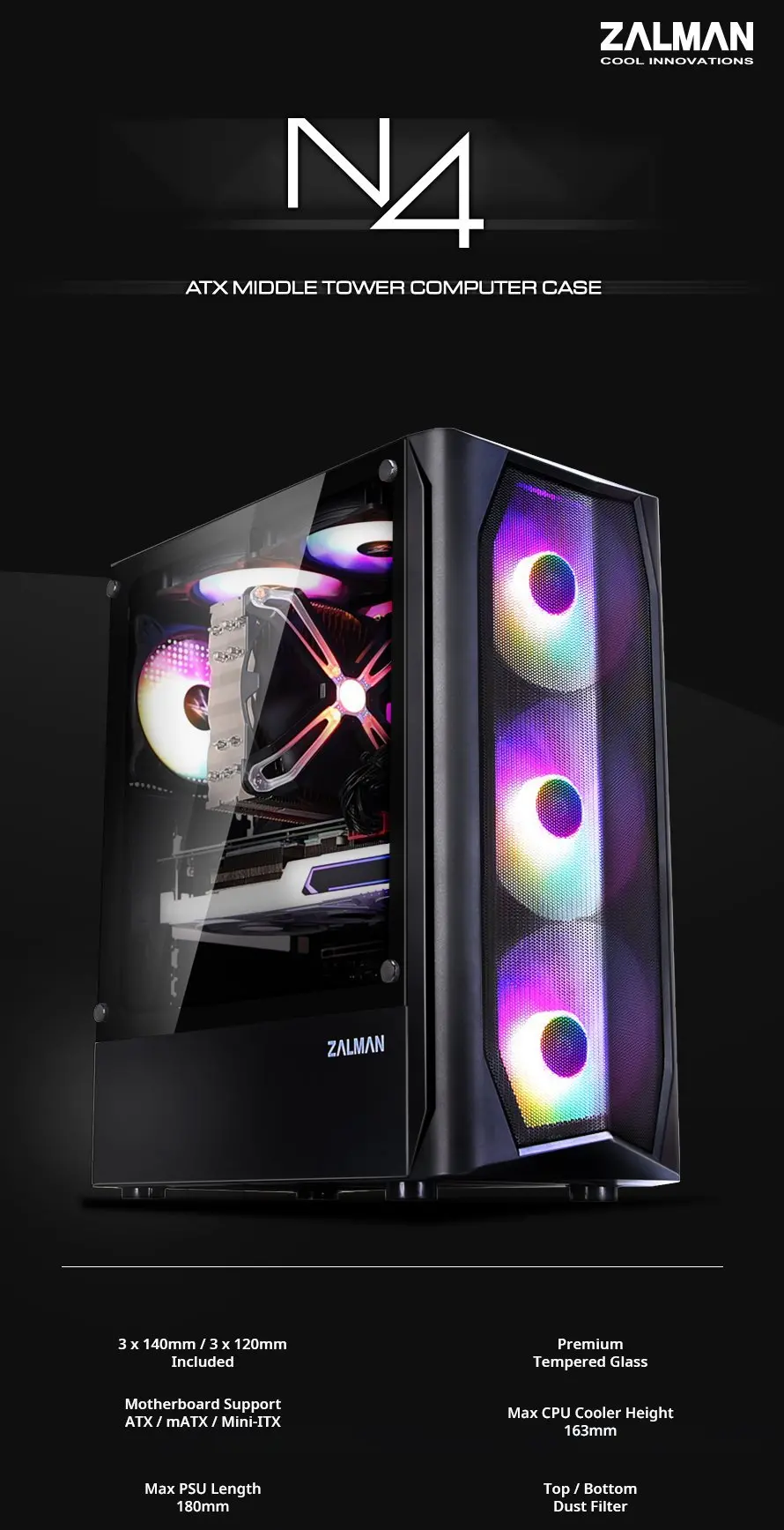 Zalman Κουτί υπολογιστή Case ATX - N4 - RGB, Tempered Glass - image 4