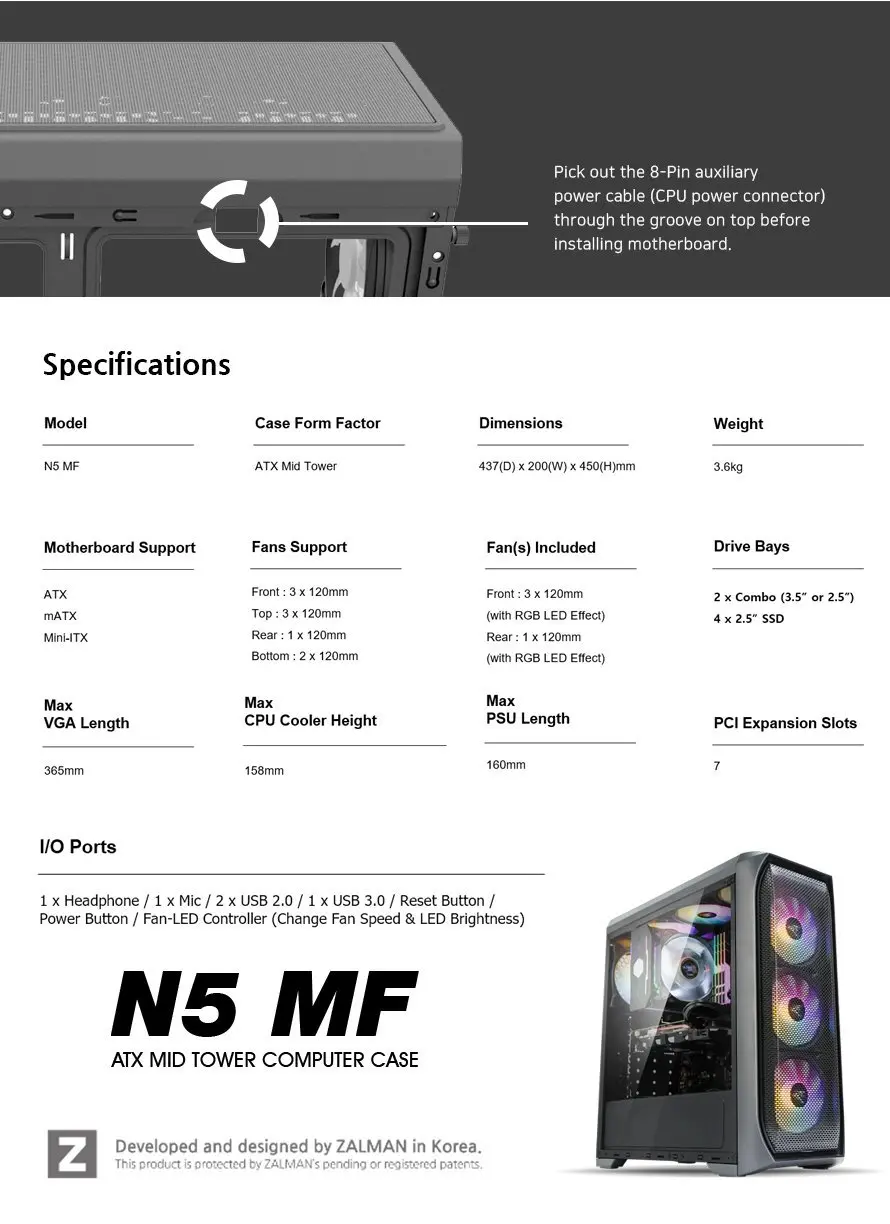 Zalman кутия за компютър Case ATX - N5 MF - 4 x 120mm Fixed RGB - image 10