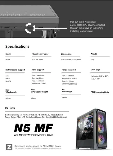 Zalman кутия за компютър Case ATX - N5 MF - 4 x 120mm Fixed RGB - image 10