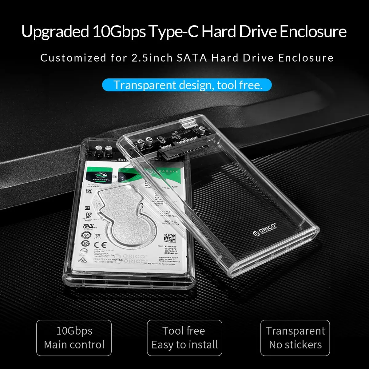 Orico външна кутия за диск Storage - Case - 2.5 inch 5Gbps Type-C Transparent - 2139C3-G2-CR-EP - image 5