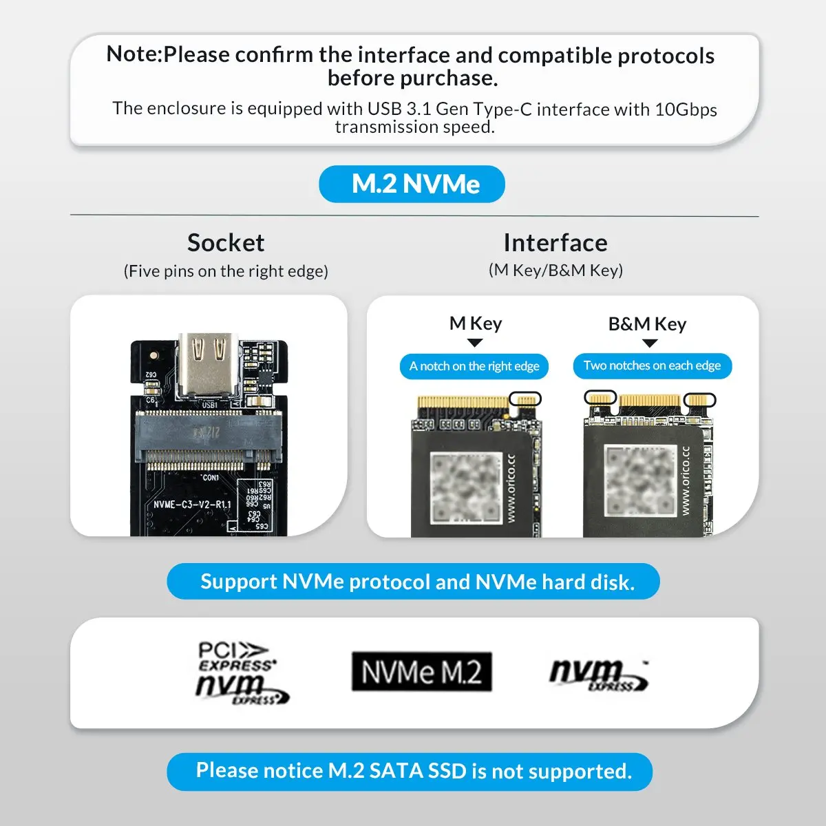 Orico външна кутия за диск Storage - Case - M.2 NVMe M key - USB3.1 Gen2 Type-C, 10Gbps - HM2-G2-BK - image 2