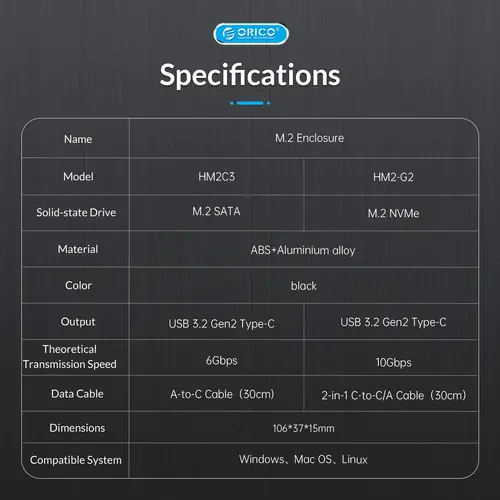 Orico carcasă externă pentru disk Storage - Case - M.2 NVMe M key - USB3.1 Gen2 Type-C, 10Gbps - HM2-G2-BK - 21