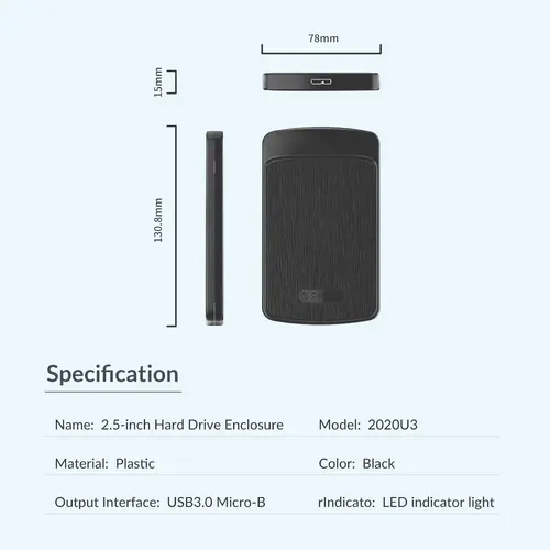 Orico carcasă pentru disc Stocare - Carcasă - 2.5 inch USB3.0 - 2020U3-BK - 20