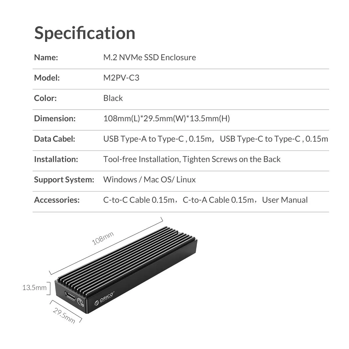 Orico външна кутия за диск Storage - Case - M.2 NVMe M-key 10 Gbps - M2PV-C3-BK-BP - image 14