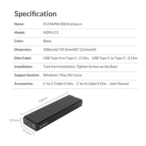 Orico carcasă externă pentru disc Storage - Case - M.2 NVMe M-key 10 Gbps - M2PV-C3-BK-BP - 15