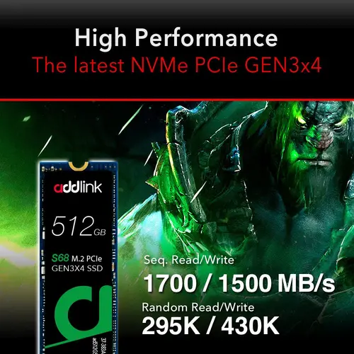 Addlink диск SSD S68 512GB - M.2 2280 PCI Express 3D Nand 1700/1500 MB/s - ad512GBS68M2P - image 1