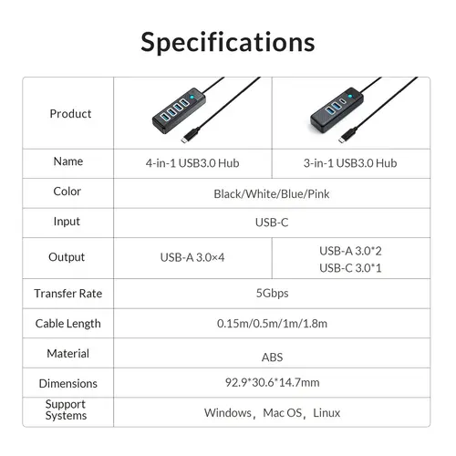 Orico Hub USB3.1 cu 3 porturi - 2 x USB3.0, 1 x Type C, Negru - PWC2U-C3-015-BK - 12