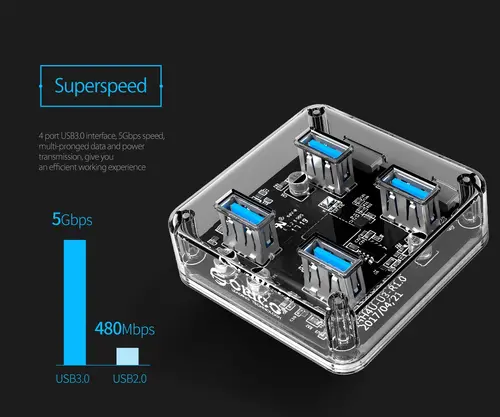 Orico хъб USB3.0 HUB 4 port transparent, 1m cable - MH4U-U3-10-CR - image 11