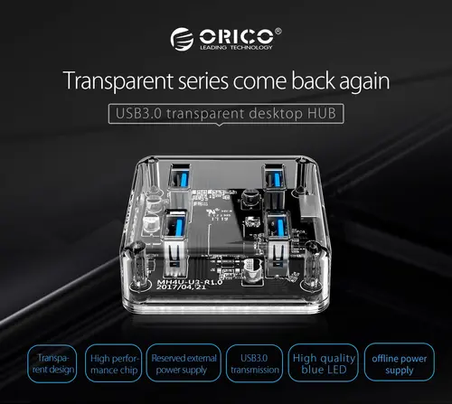 Orico хъб USB3.0 HUB 4 port transparent, 1m cable - MH4U-U3-10-CR - image 5