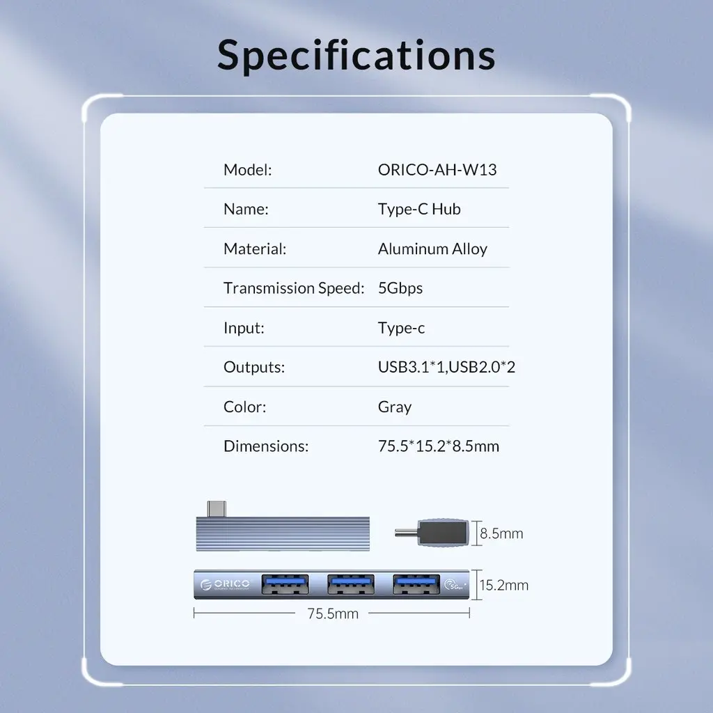 Orico хъб USB3.0/2.0 HUB 3 port TYPE C, Aluminum - AH-W13-GY - image 11