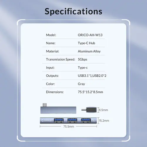 Orico хъб USB3.0/2.0 HUB 3 port TYPE C, Aluminum - AH-W13-GY - image 11