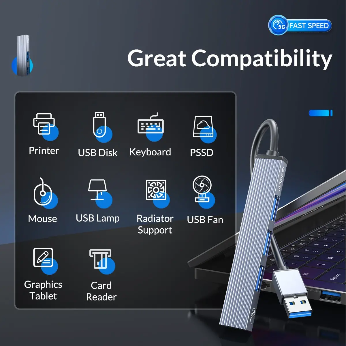 Orico hub USB3.0/2.0 HUB 4 port, αλουμίνιο - AH-A13-GY - image 9