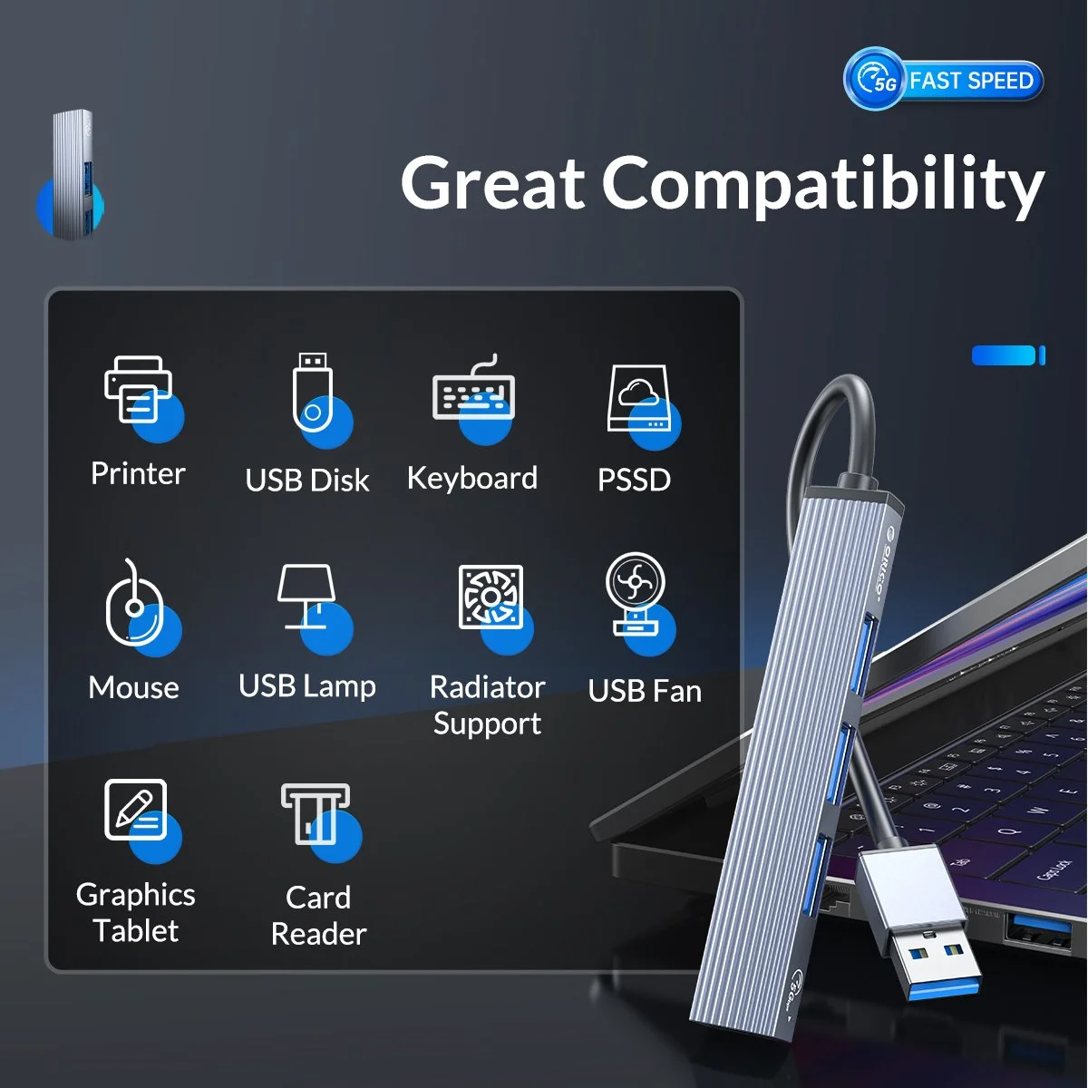 Orico хъб USB3.0/2.0 HUB 4 port, Aluminum - AH-A13-GY - image 9