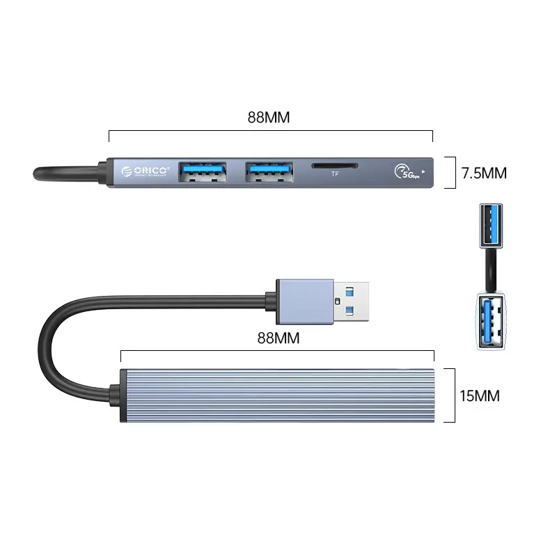 Orico хъб USB3.0/2.0 HUB 3 port + card reader, Aluminum - AH-A12F-GY - image 2