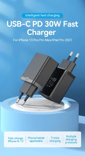 Vention бързо зарядно Fast Charger Wall - QC4.0, PD3.0 Type-C, 30W Black - FAIB0 - image 3