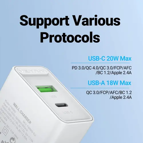 Vention бързо зарядно Fast Charger Wall - QC4.0, PD Type-C + QC3.0 USB A, 20W White - FBBW0 - image 1